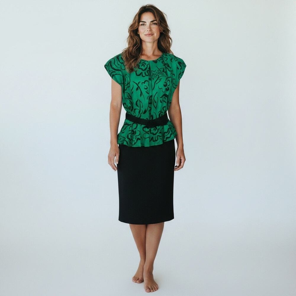 80s Peplum Dress Green Black Floral Rayon Flax Midi USA Small -